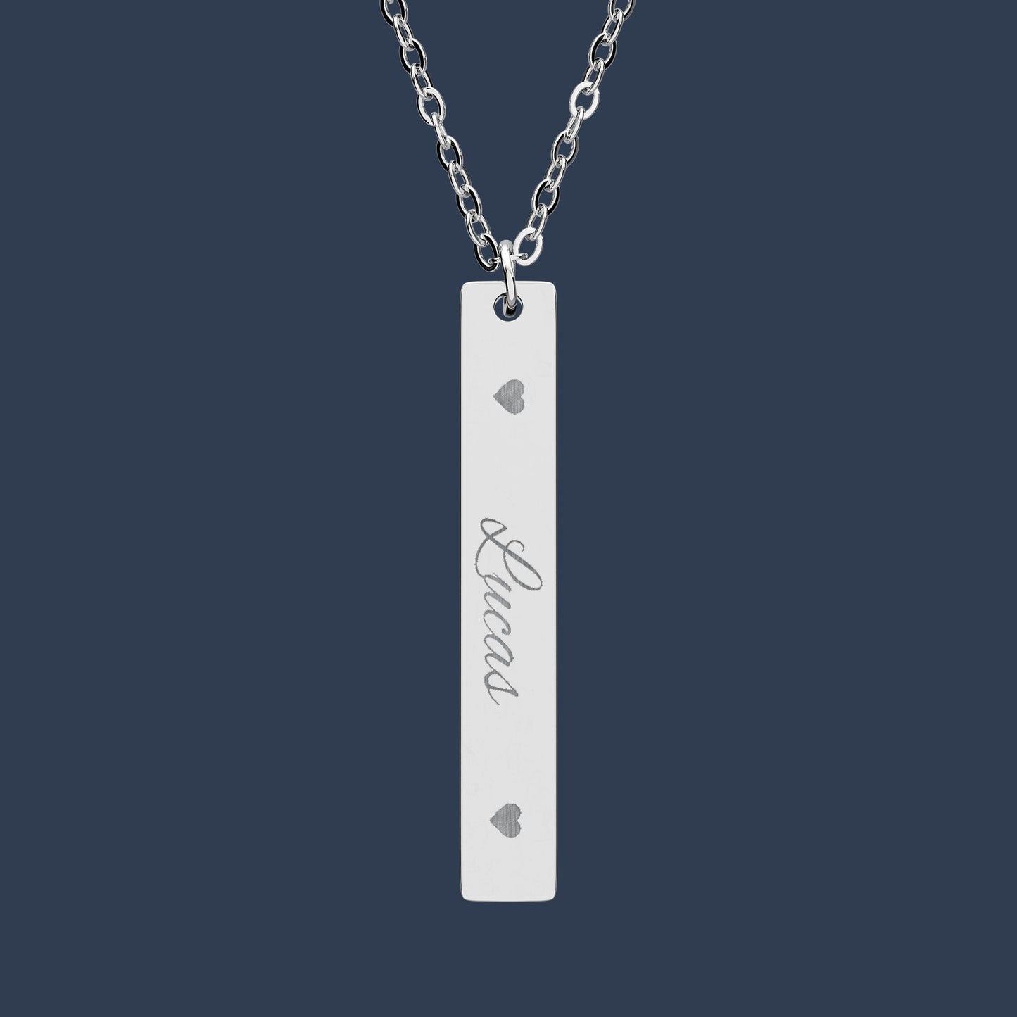 Engraved Vertical Bar Necklace — Personalized Name Pendant with Heart Accents
