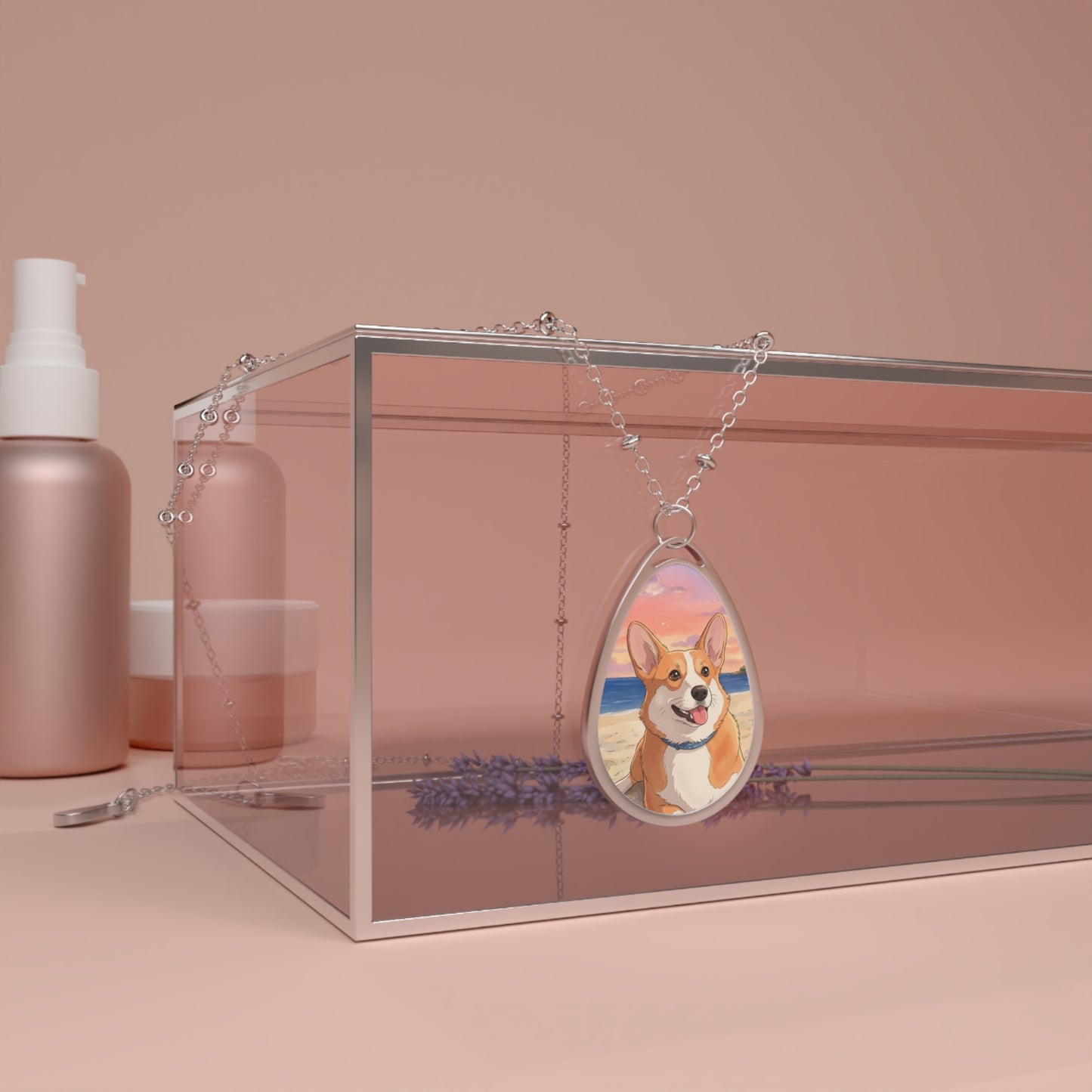 Corgi Sunset Oval Necklace — Personalized Pet Portrait Teardrop Pendant