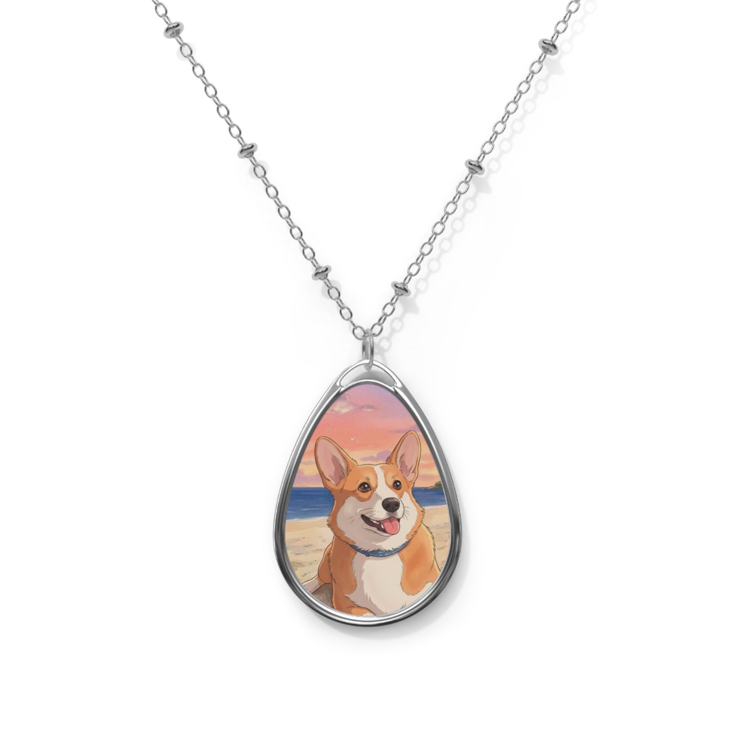 Corgi Sunset Oval Necklace — Personalized Pet Portrait Teardrop Pendant
