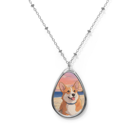 Corgi Sunset Oval Necklace — Personalized Pet Portrait Teardrop Pendant