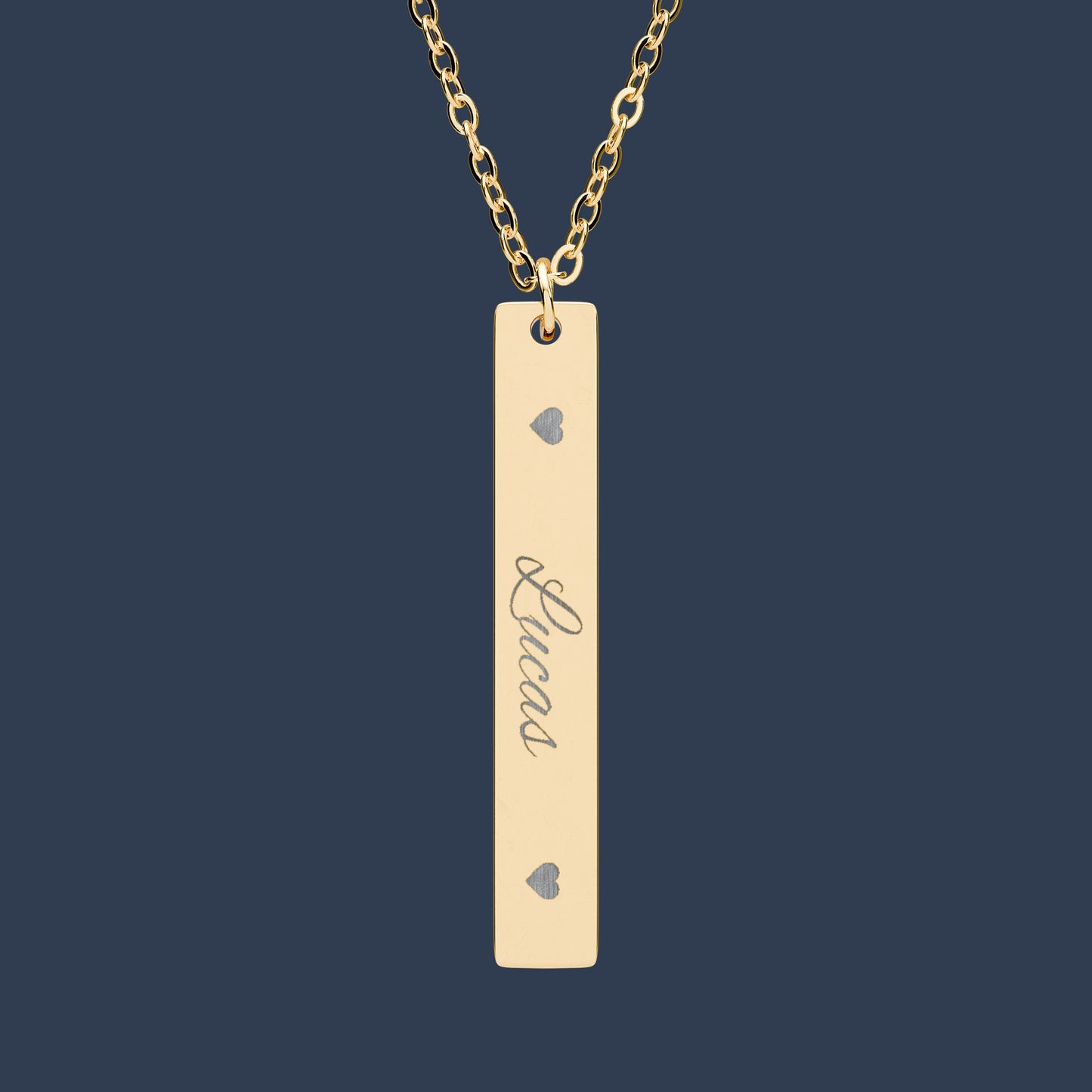 Engraved Vertical Bar Necklace — Personalized Name Pendant with Heart Accents
