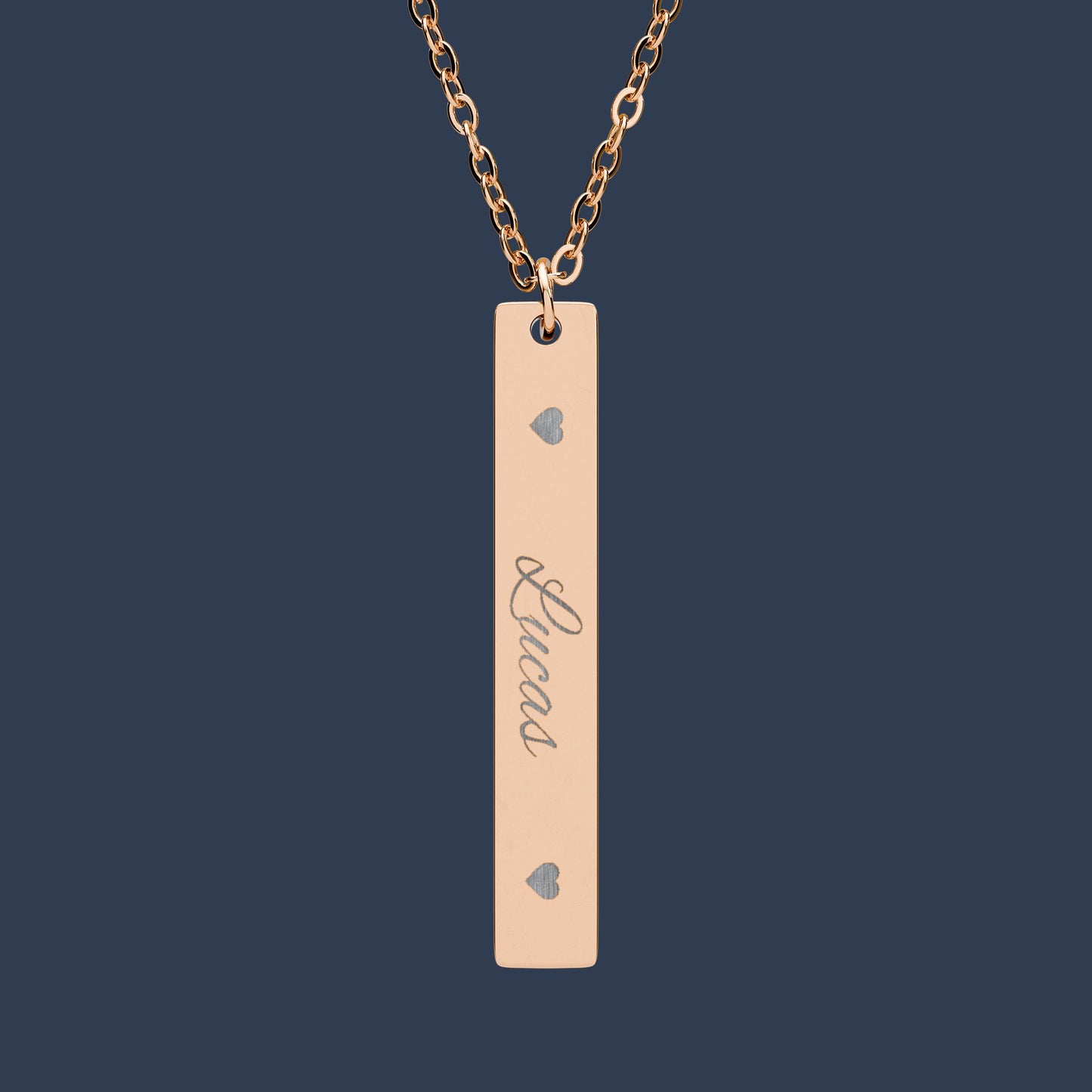 Engraved Vertical Bar Necklace — Personalized Name Pendant with Heart Accents