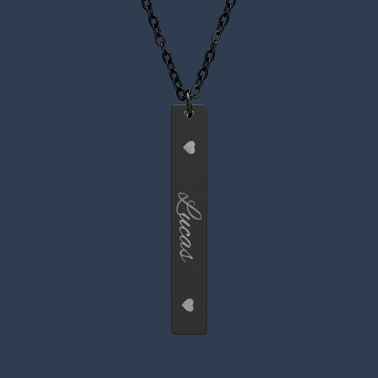 Engraved Vertical Bar Necklace — Personalized Name Pendant with Heart Accents