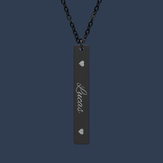 Engraved Vertical Bar Necklace — Personalized Name Pendant with Heart Accents