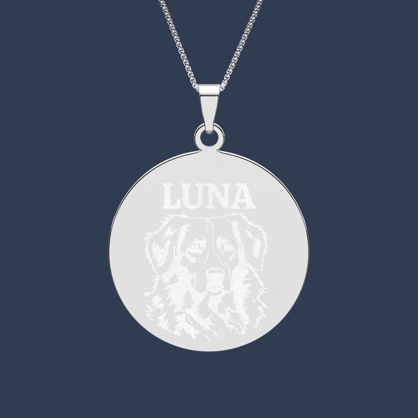 Round Photo Pendant Necklace — Personalized Name 'LUNA' Engraved