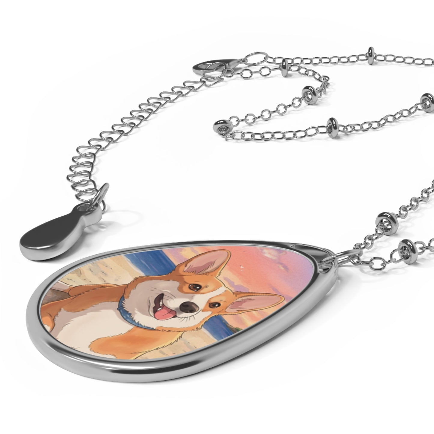 Corgi Sunset Oval Necklace — Personalized Pet Portrait Teardrop Pendant