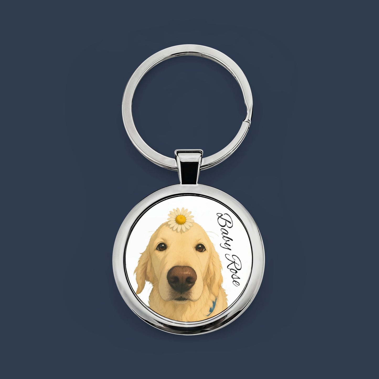 Golden Retriever Daisy Portrait Keychain — Round Stainless Steel Pet Photo Keyring