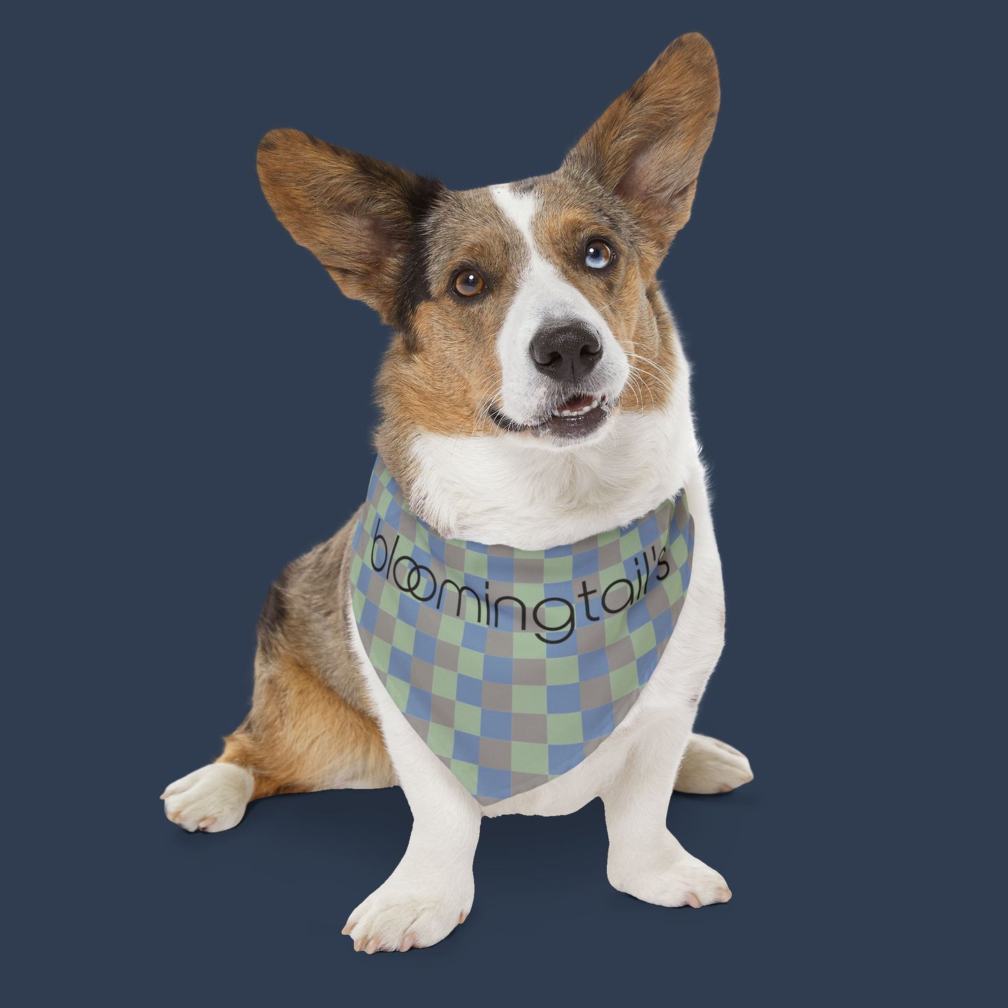 Bandana Collar — Blue Green Check Pet Bandana with “bloomingtails”
