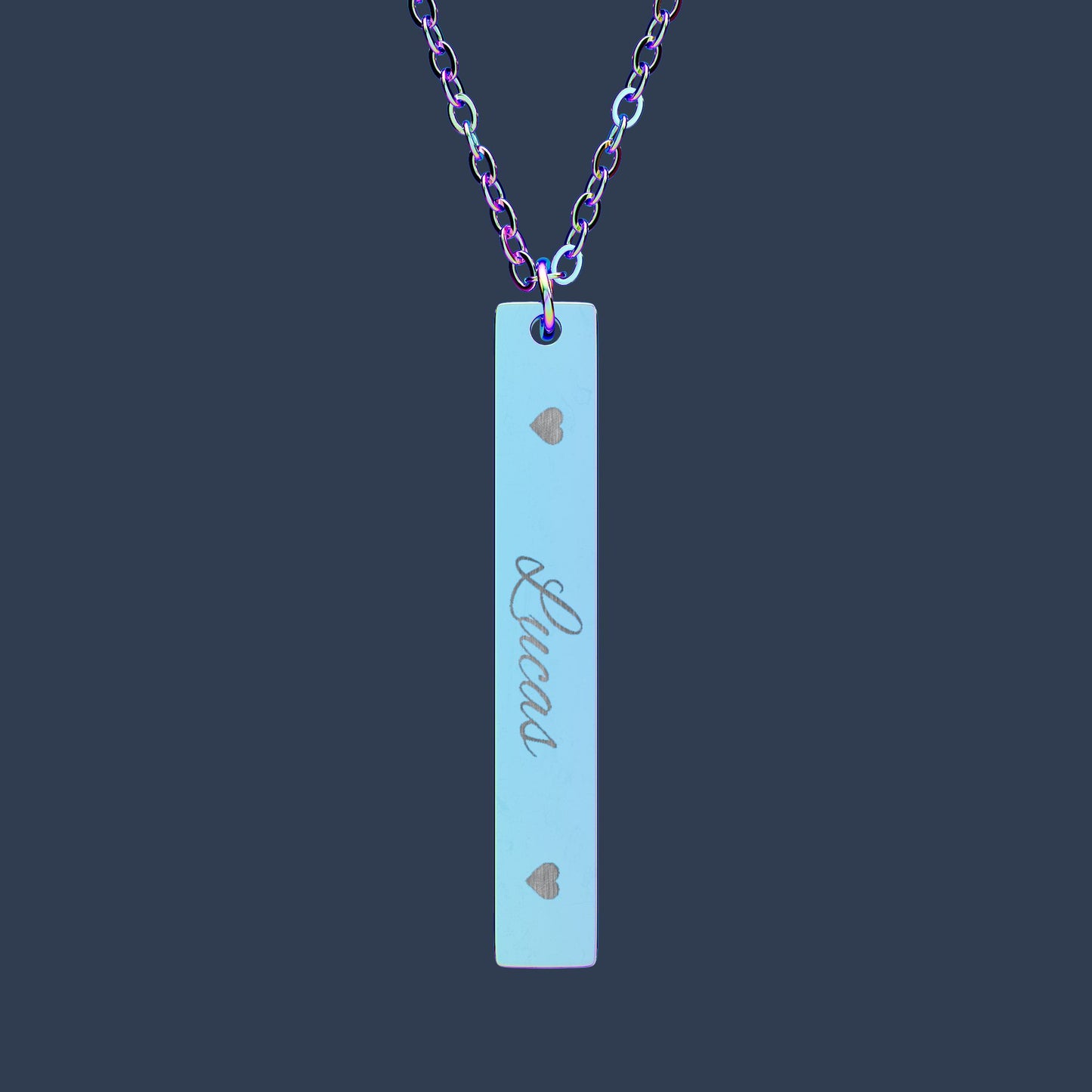 Engraved Vertical Bar Necklace — Personalized Name Pendant with Heart Accents