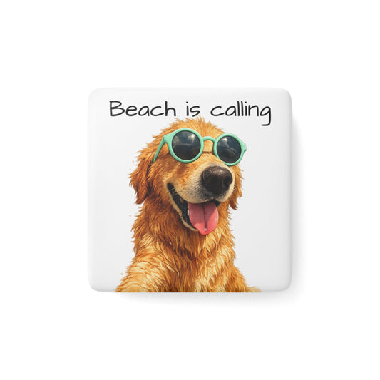 Beach Is Calling Dog Magnet — Porcelain Square Refrigerator Magnet